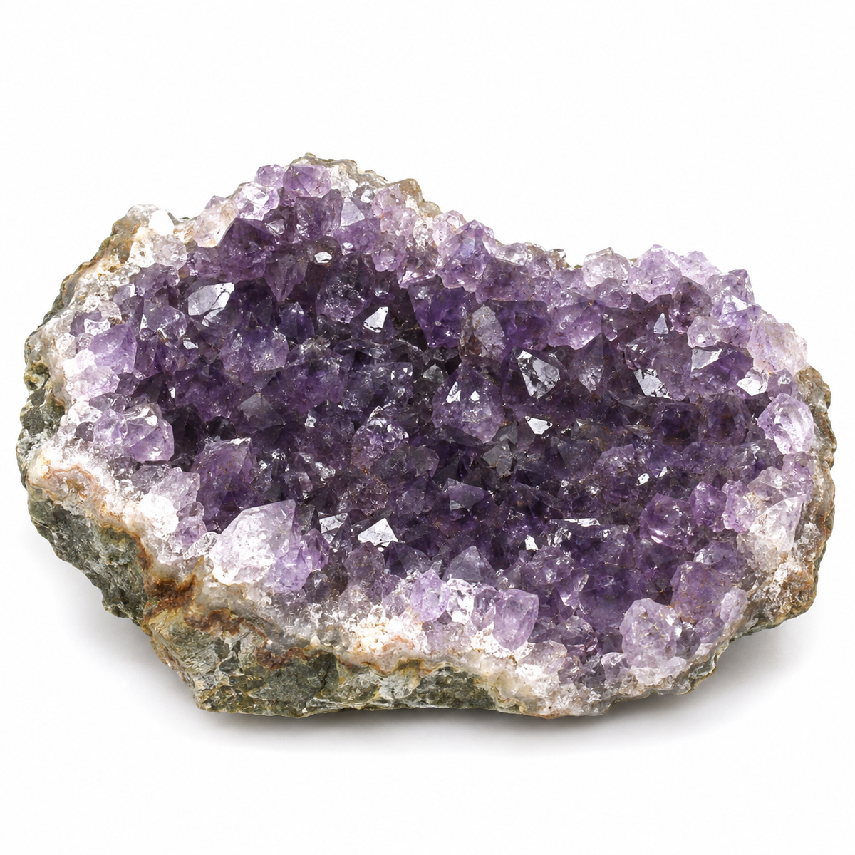 Representative wider natural amethyst geode cluster variation on white