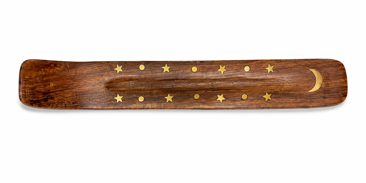 Curved wooden incense ash catcher with crescent moon and star design