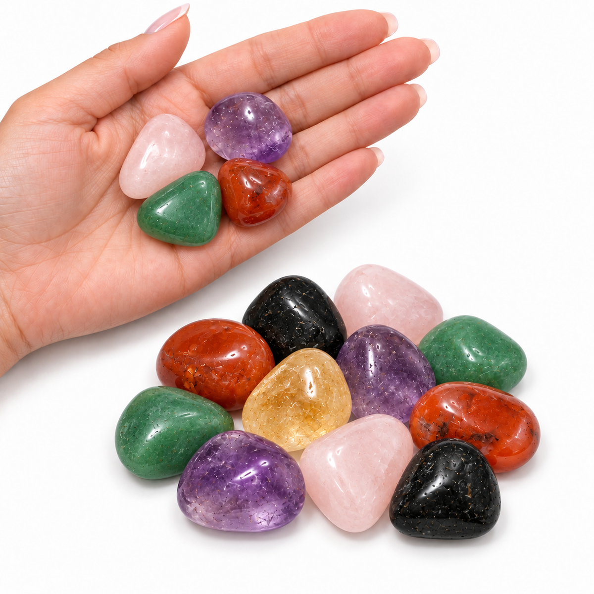 Balanced Life tumbled intention stone set shown in hand for size reference