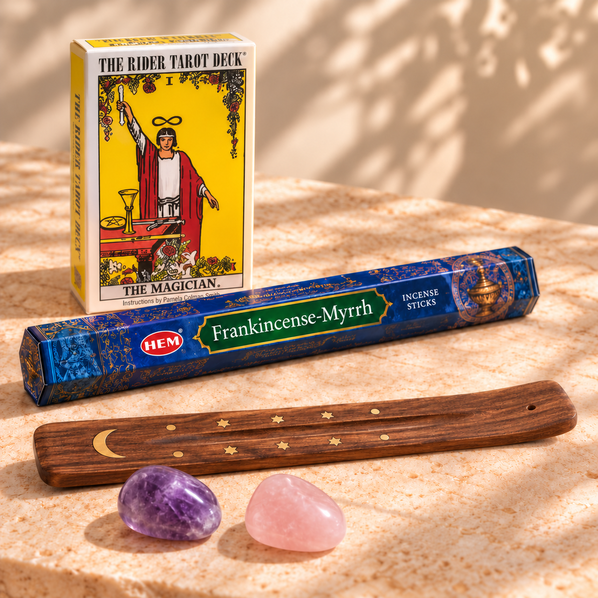 Classic Tarot Starter Gift Set with Rider-Waite deck, amethyst, rose quartz, HEM Frankincense & Myrrh sticks, and curved wooden incense ash catcher