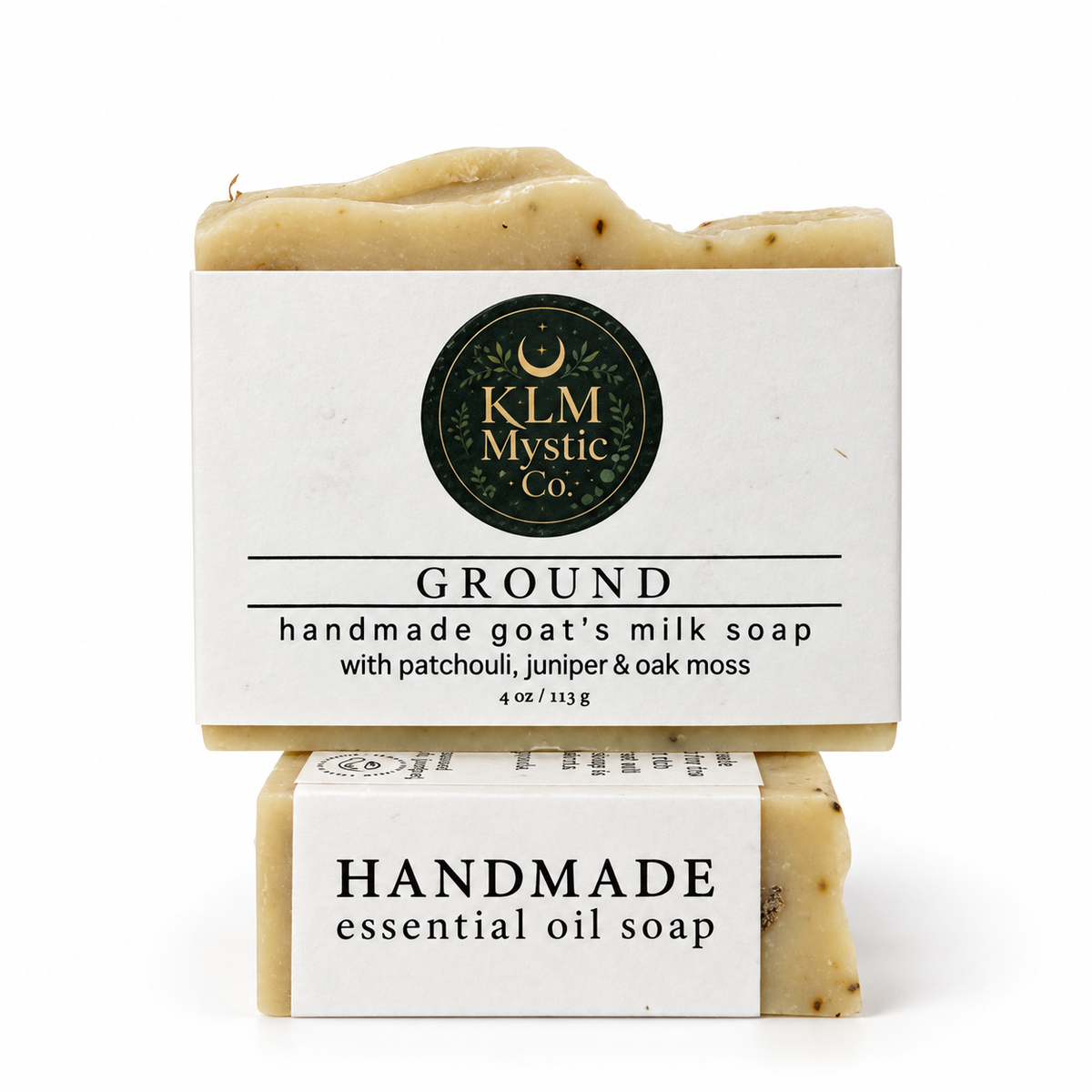 GROUND goat’s milk soap bars stacked to show front and side label details