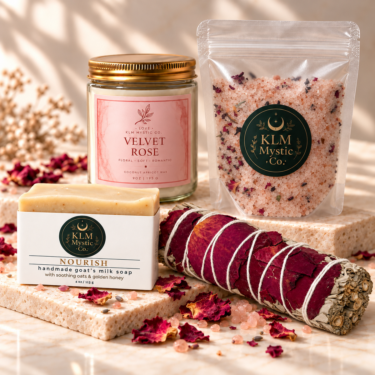Featured products from Love & Self-Love Complete Intention Set: Velvet Rose candle, Rose Botanical Bath Soak, NOURISH Milk & Honey soap, and White Sage & Rose Petal bundle. See description for all included items.