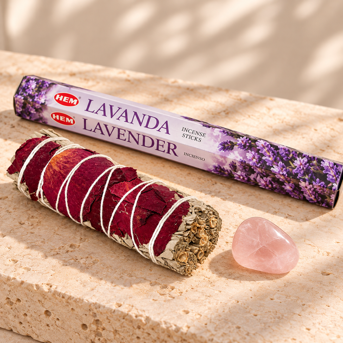 Love & Self-Love Mini Intention Set with 4-inch white sage and rose petals, small tumbled rose quartz, and HEM Lavender incense sticks 20-pack