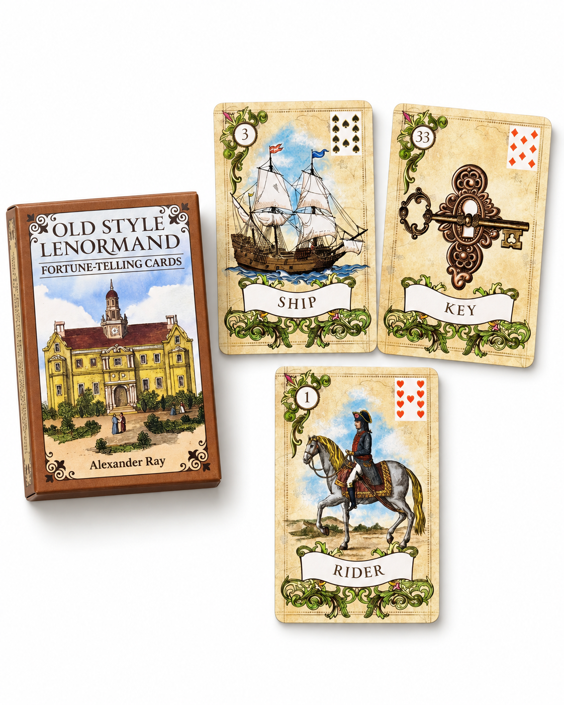 Old Style Lenormand fortune-telling cards by Alexander Ray with Ship, Key, and Rider cards on white background