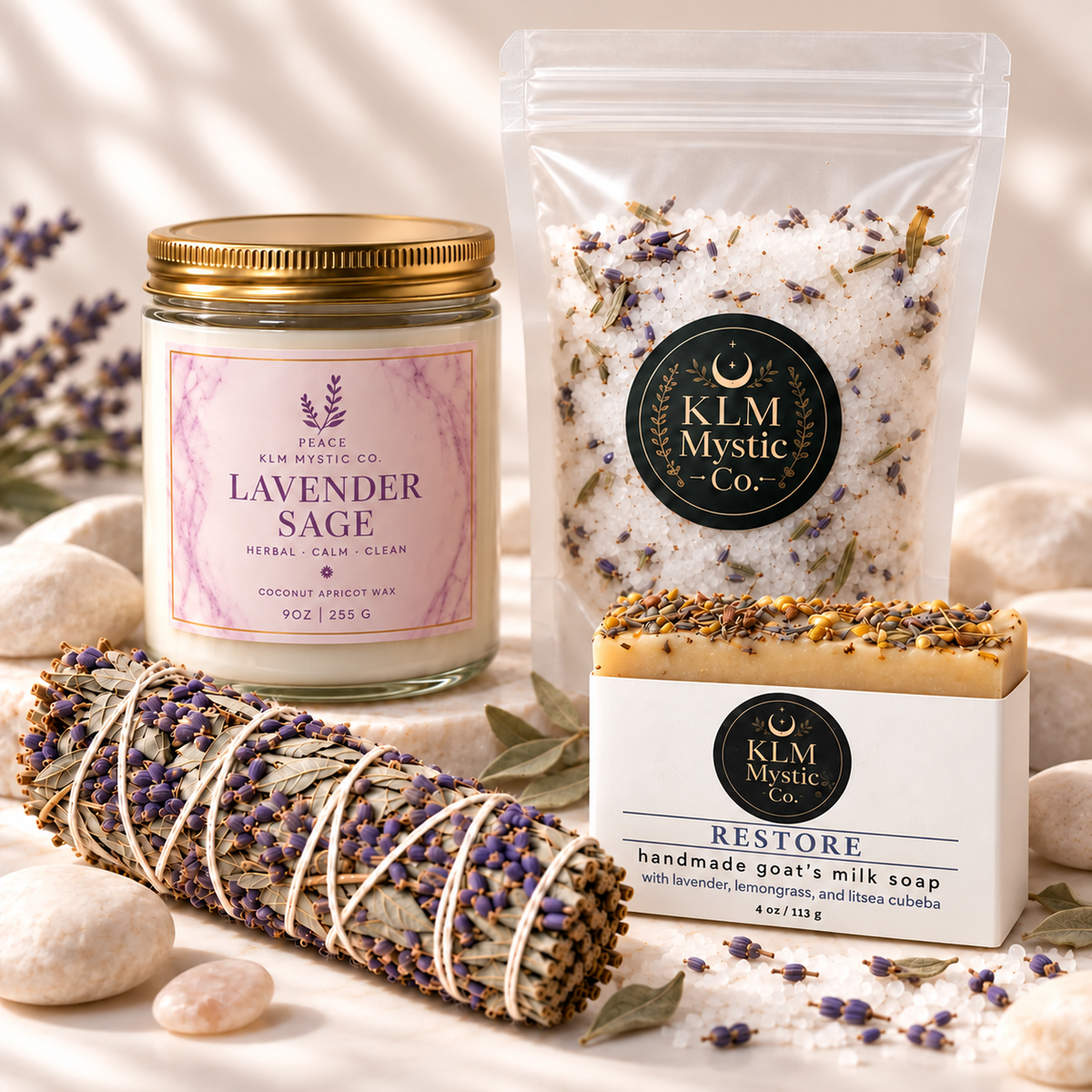 Featured products: Lavender Sage candle with PEACE intention, Lavender Botanical Bath Soak, RESTORE Lavender soap, and Lavender Sage bundle. Refer to included-items list for entire bundle.