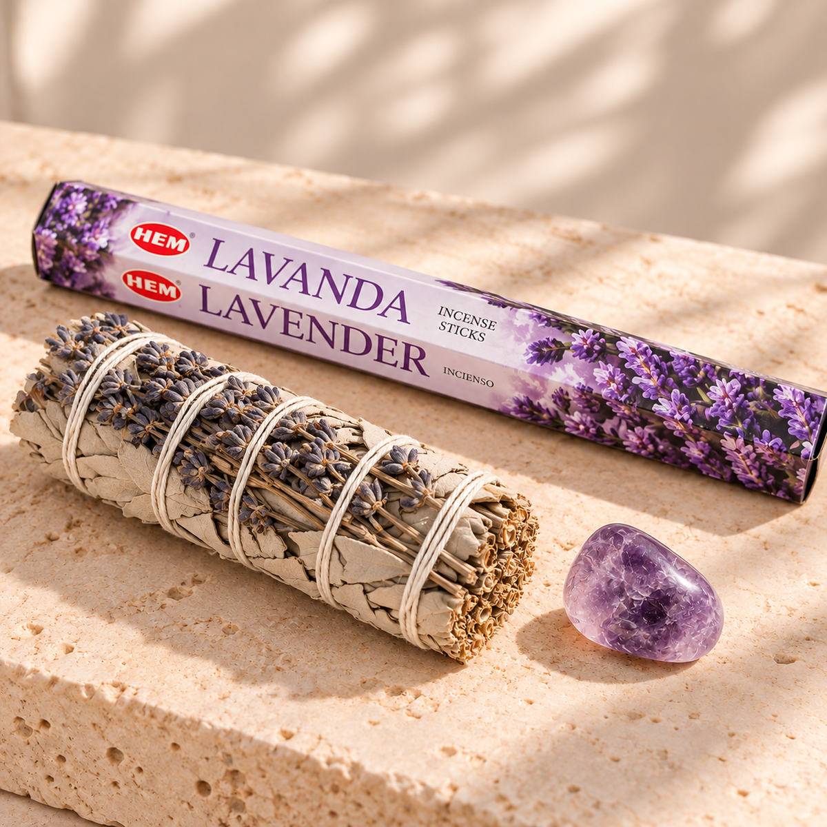 Peace & Calm Mini Intention Set with 5-inch white sage and lavender bundle, small amethyst tumbled stone, and HEM Lavender incense 20-pack