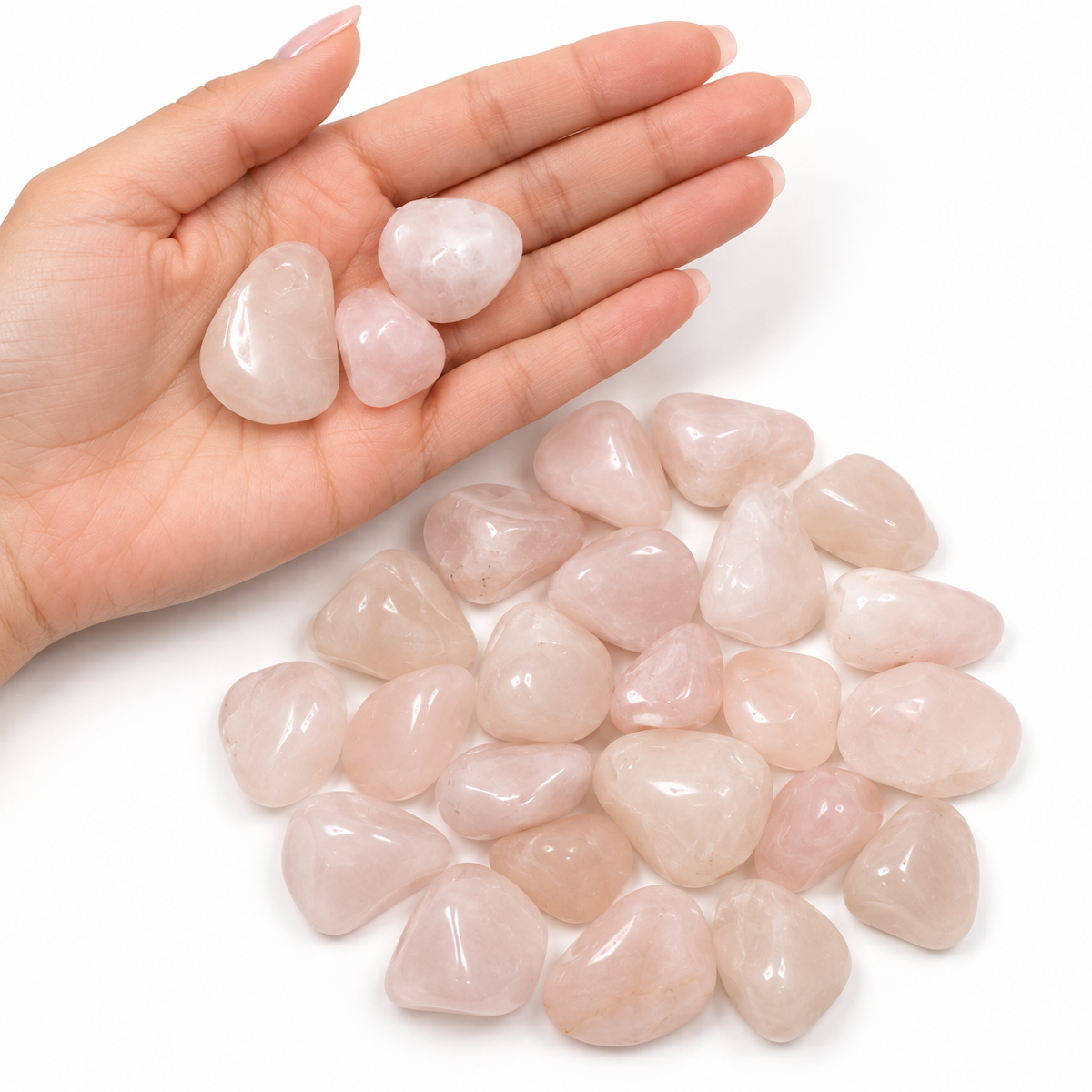 Rose quartz tumbled stones shown in hand for size reference