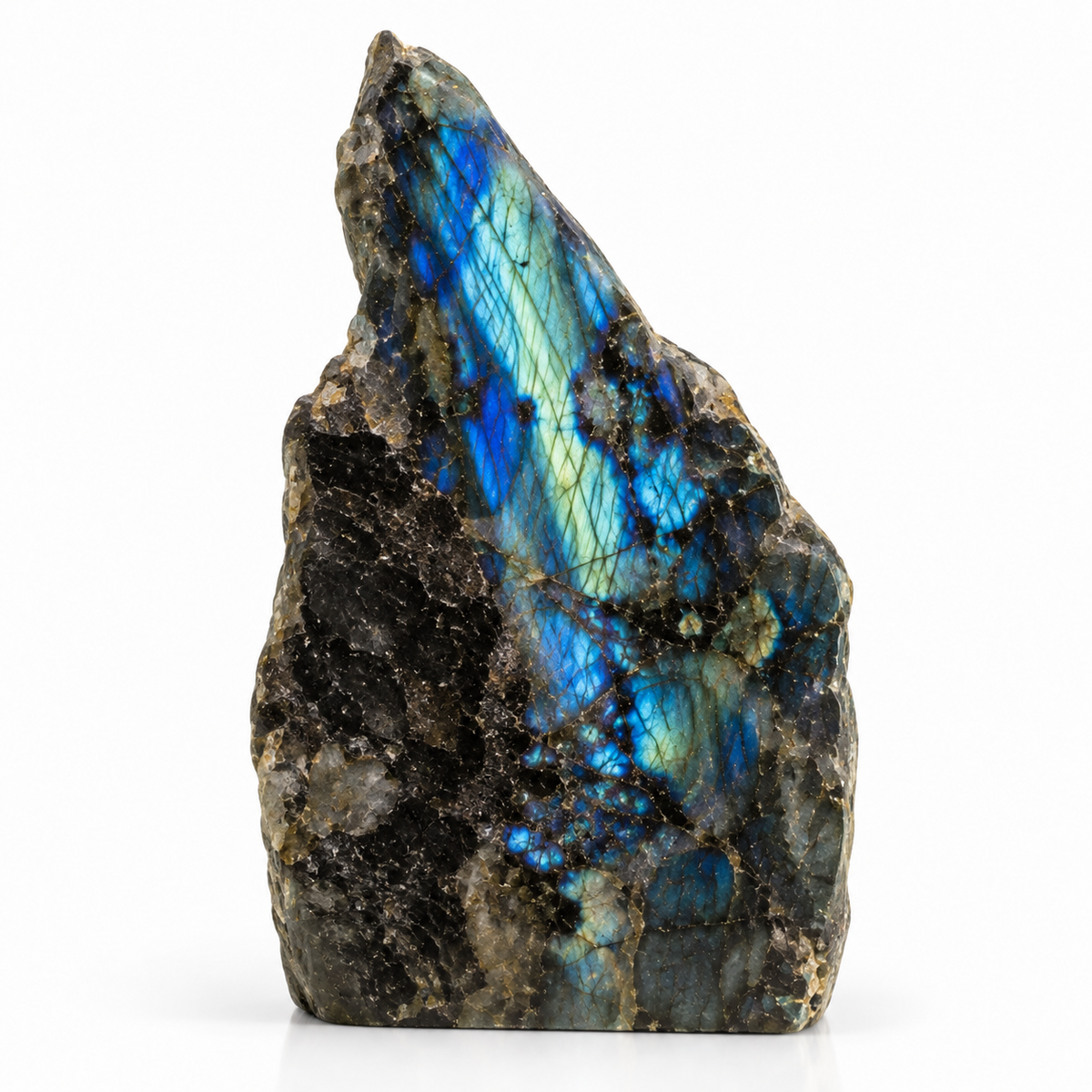 Representative Labradorite free shape with dark matrix and concentrated blue green flash