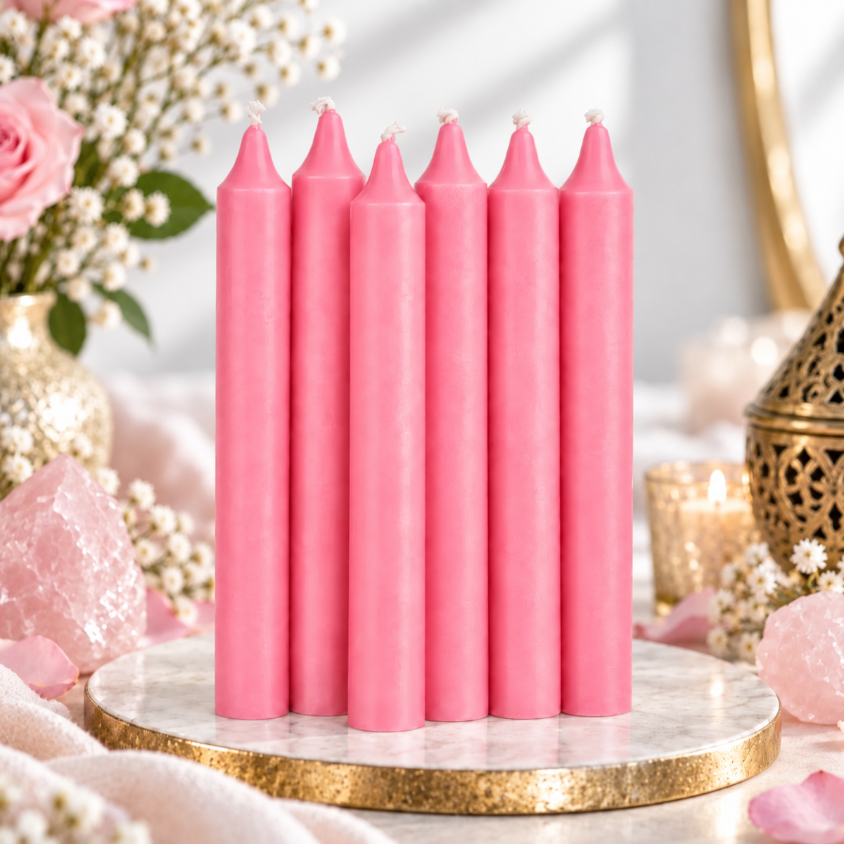 Set of six pink 6-inch intention candles with pink roses and rose quartz on a bright white background