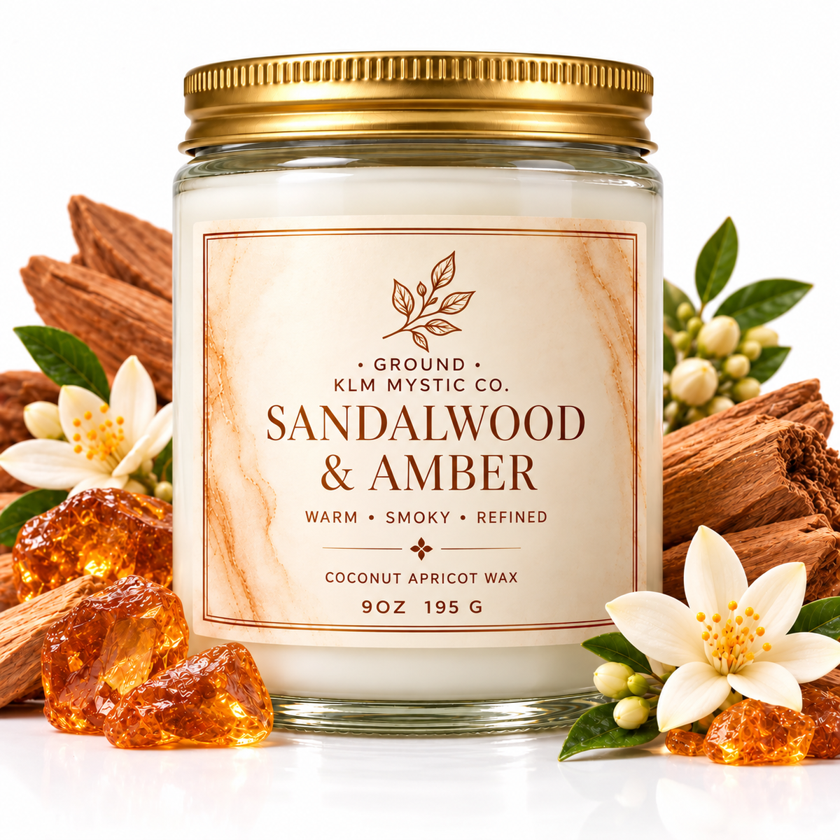 KLM Mystic Co. GROUND Sandalwood & Amber candle with sandalwood and amber on white