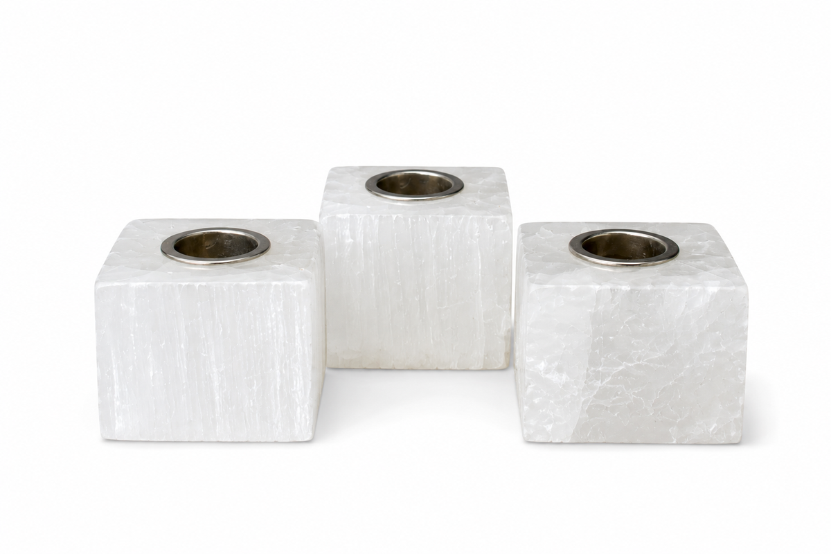 Set of three selenite chime candle holders
