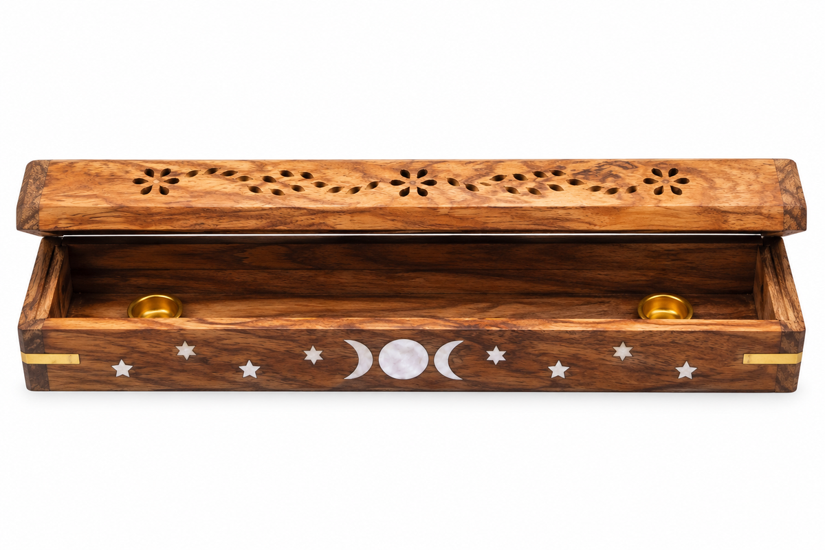 Triple Moon flip-top wooden incense holder with two brass cone cups