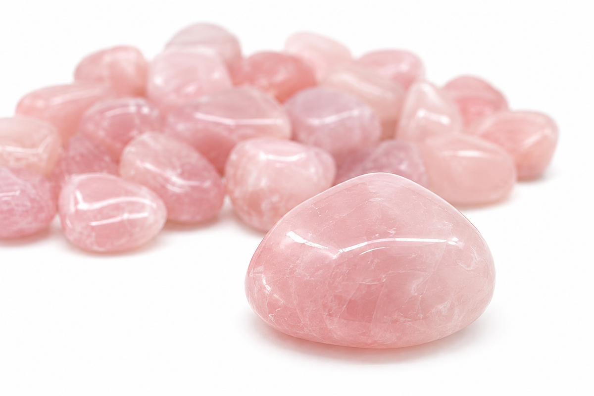 One tumbled Rose Quartz stone with additional stones in the background