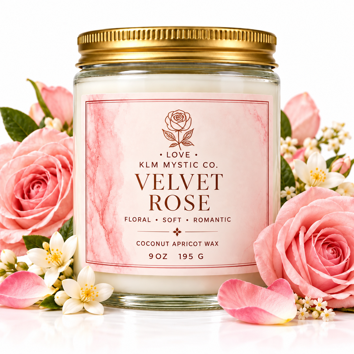 KLM Mystic Co. LOVE Velvet Rose candle with blush roses on white
