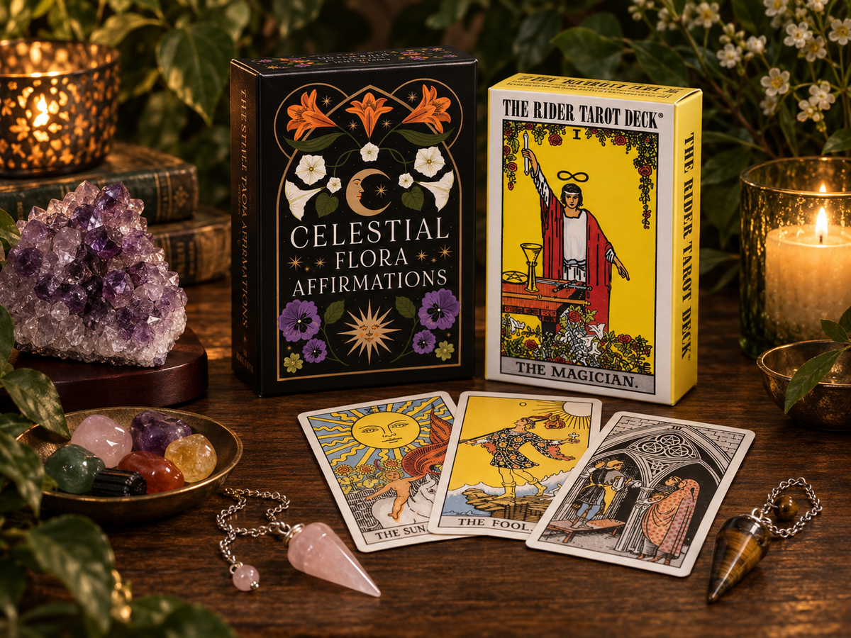 KLM Mystic Co. Intuition & Intention collection featuring real tarot, affirmation, pendulum and crystal products