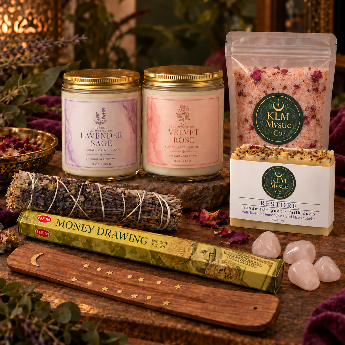 KLM Mystic Co. Light, Scent & Self-Care candles, bath soak, soap, sage, incense, wooden holder, and crystals