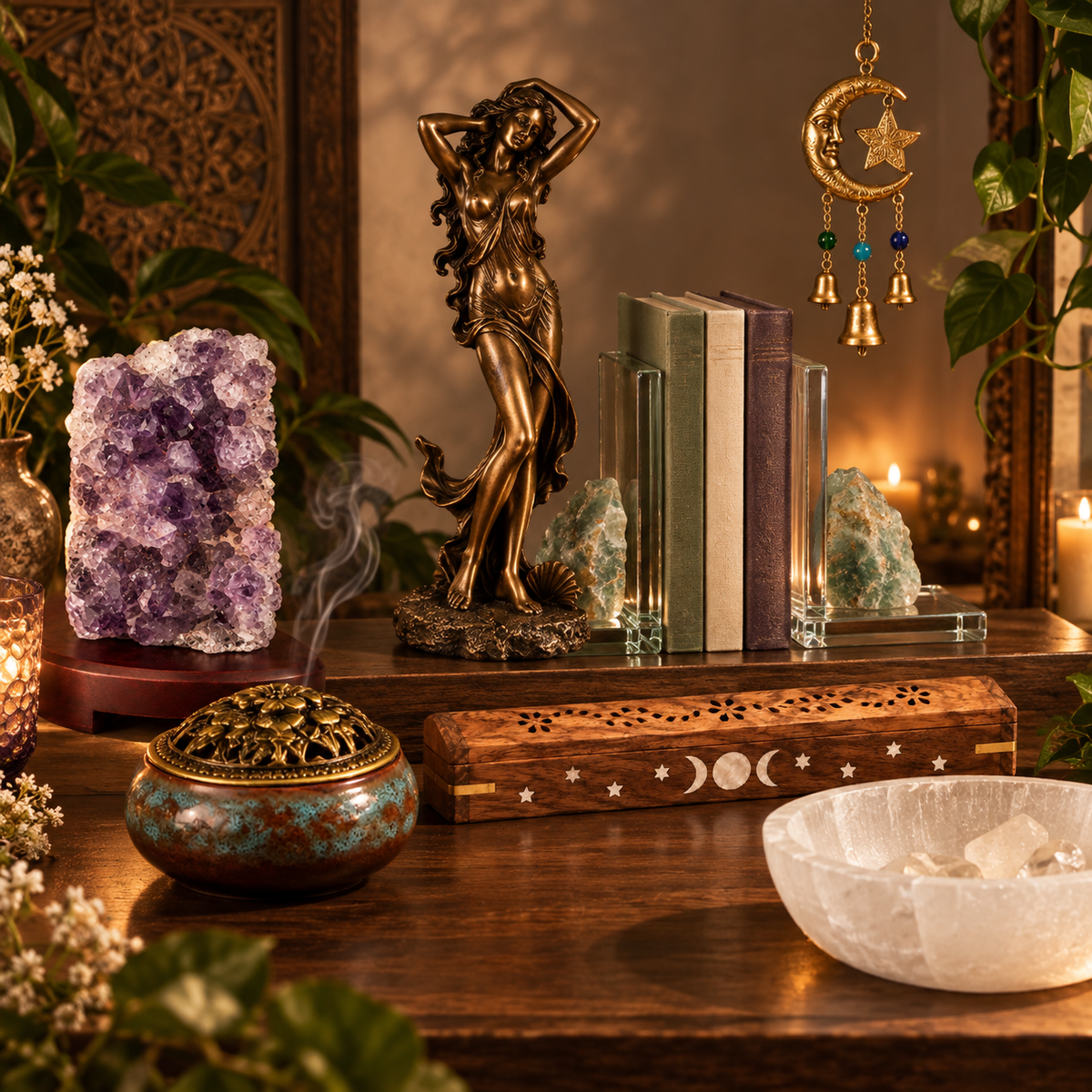 KLM Mystic Co. Sacred Home collection featuring amethyst, incense decor, goddess figure, selenite bowl, crystal bookends and moon-and-star accents