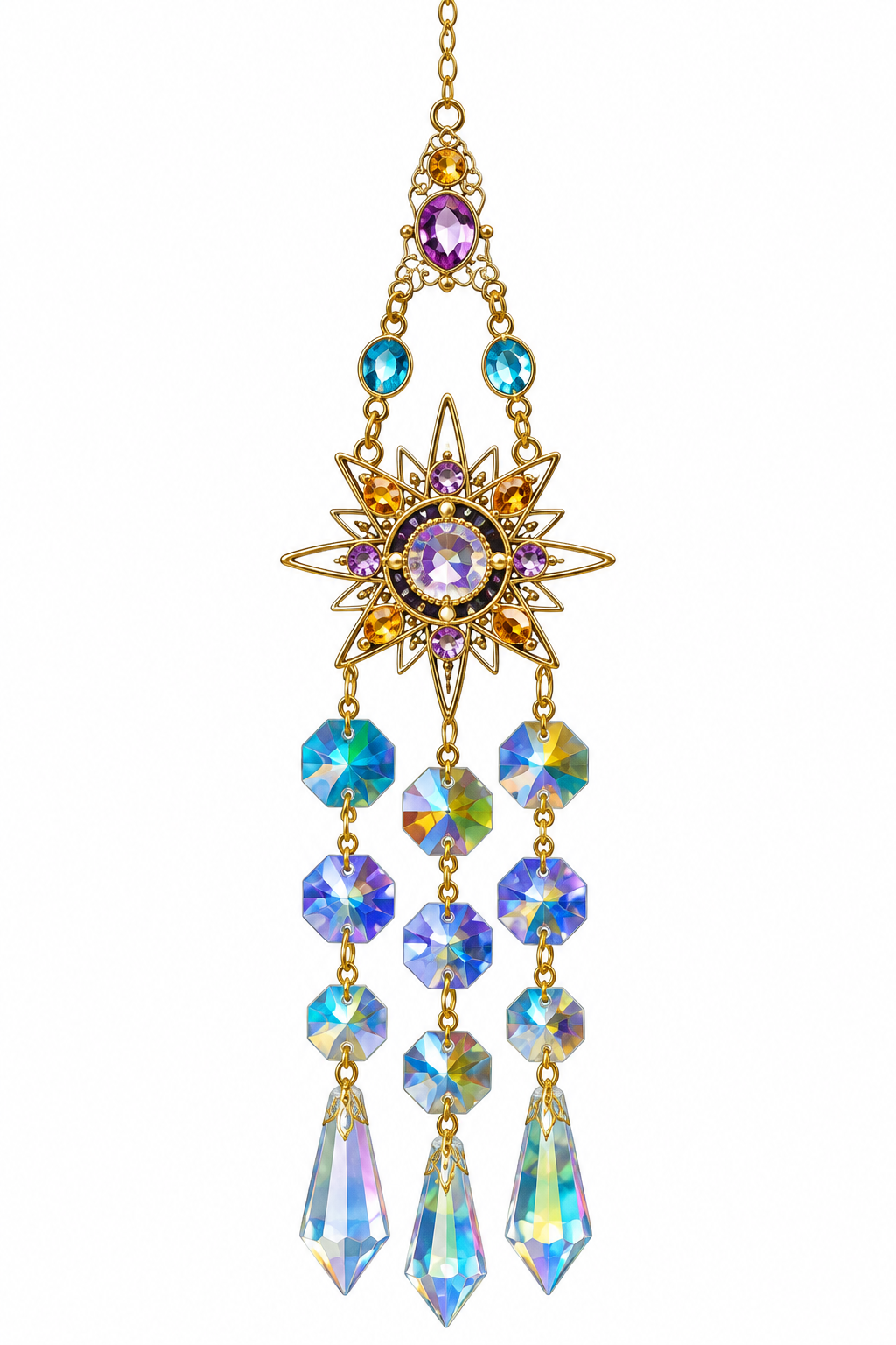 16 inch gold sun catcher with purple blue and iridescent crystals