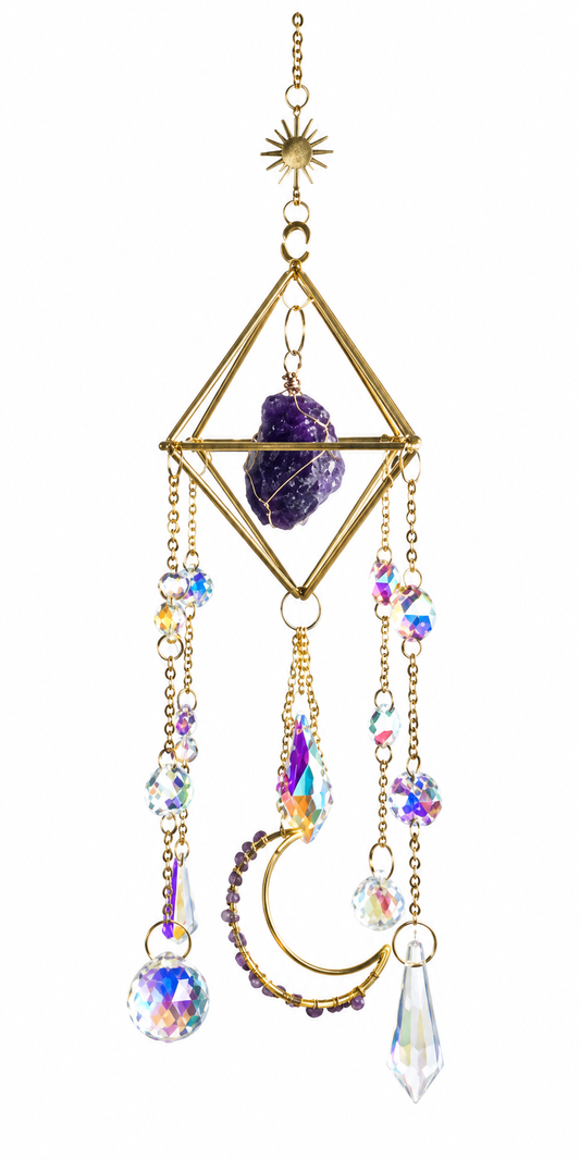 Amethyst and crescent moon sun catcher with gold geometric frame and crystal accents