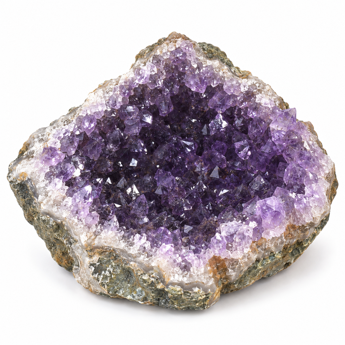 Representative natural amethyst geode cluster on a white studio background