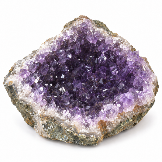 Representative natural amethyst geode cluster on a white studio background