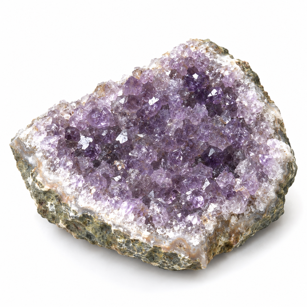 Representative lighter natural amethyst geode cluster variation on white