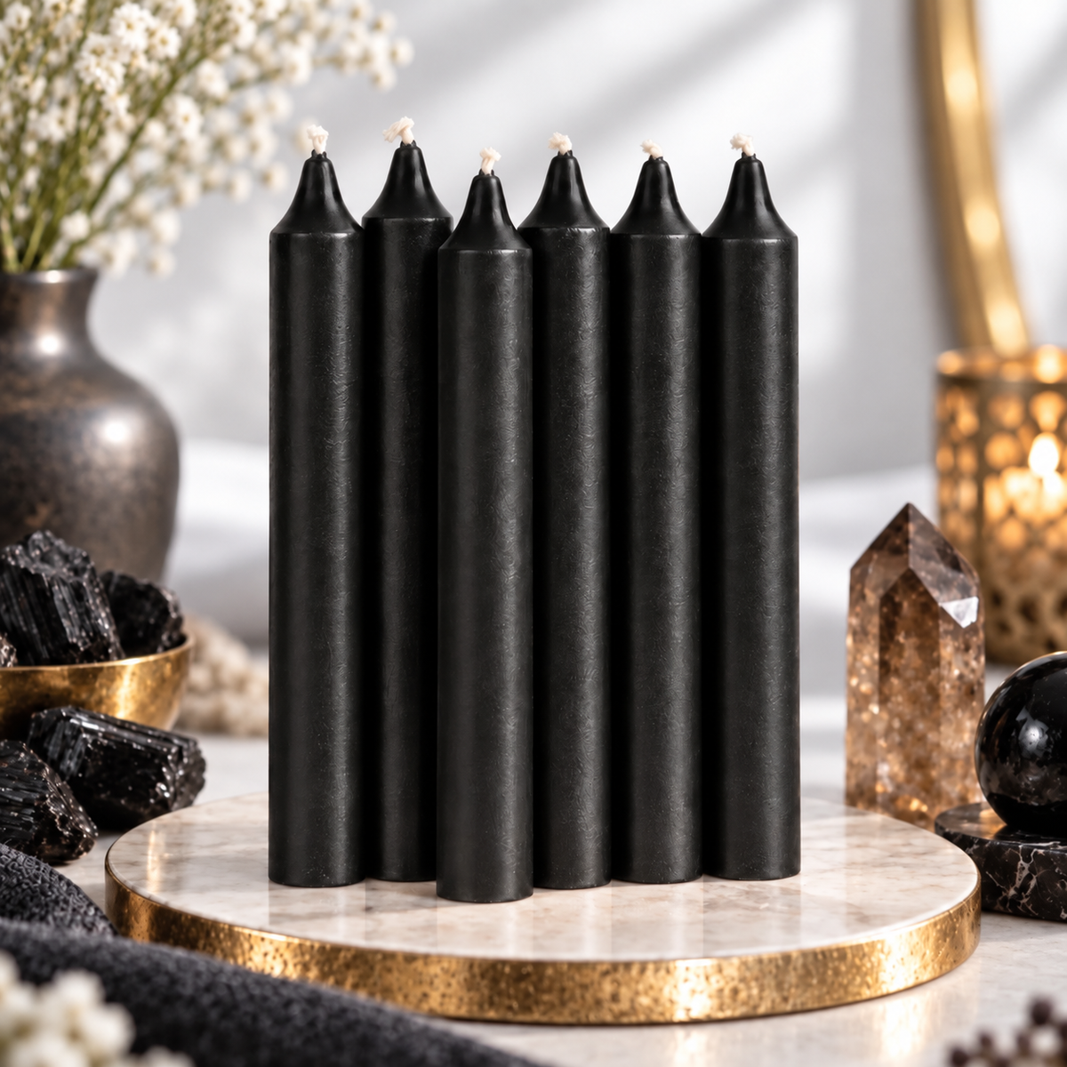 Set of six black 6-inch intention candles with black tourmaline and smoky crystal on a bright white background