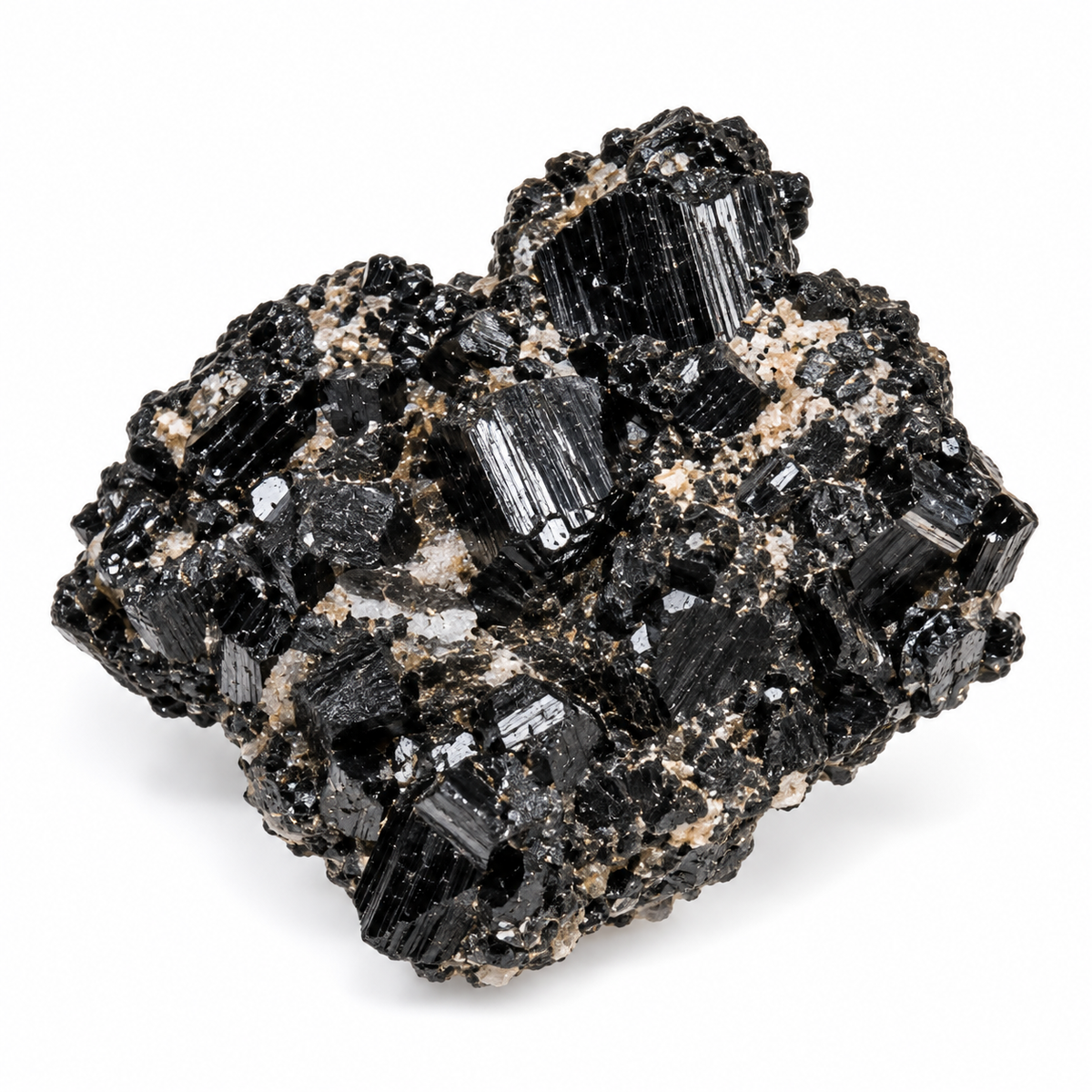 Representative rough black tourmaline specimen cluster on a white background