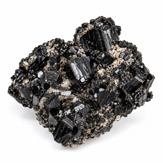 Representative rough black tourmaline specimen cluster on a white background
