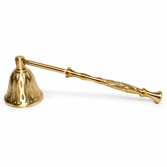 Brass Renaissance candle snuffer on white background