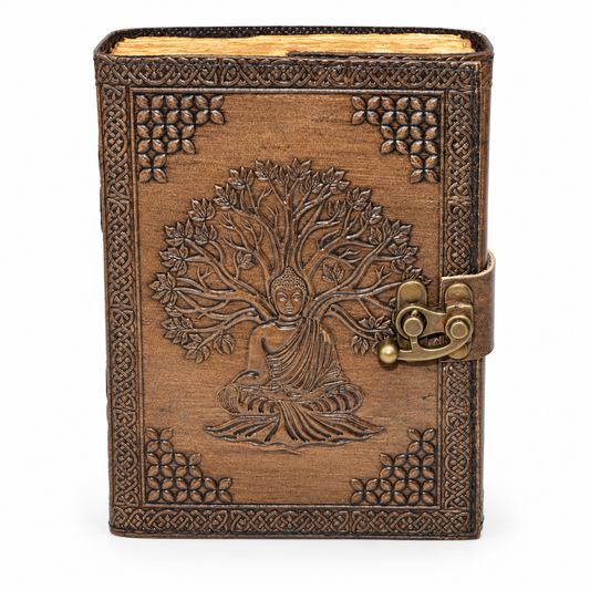 Brown embossed Buddha and Tree of Life leather journal with antique-style latch on a clean white background