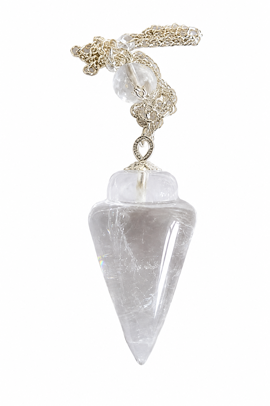Clear quartz pendulum with silver-tone chain