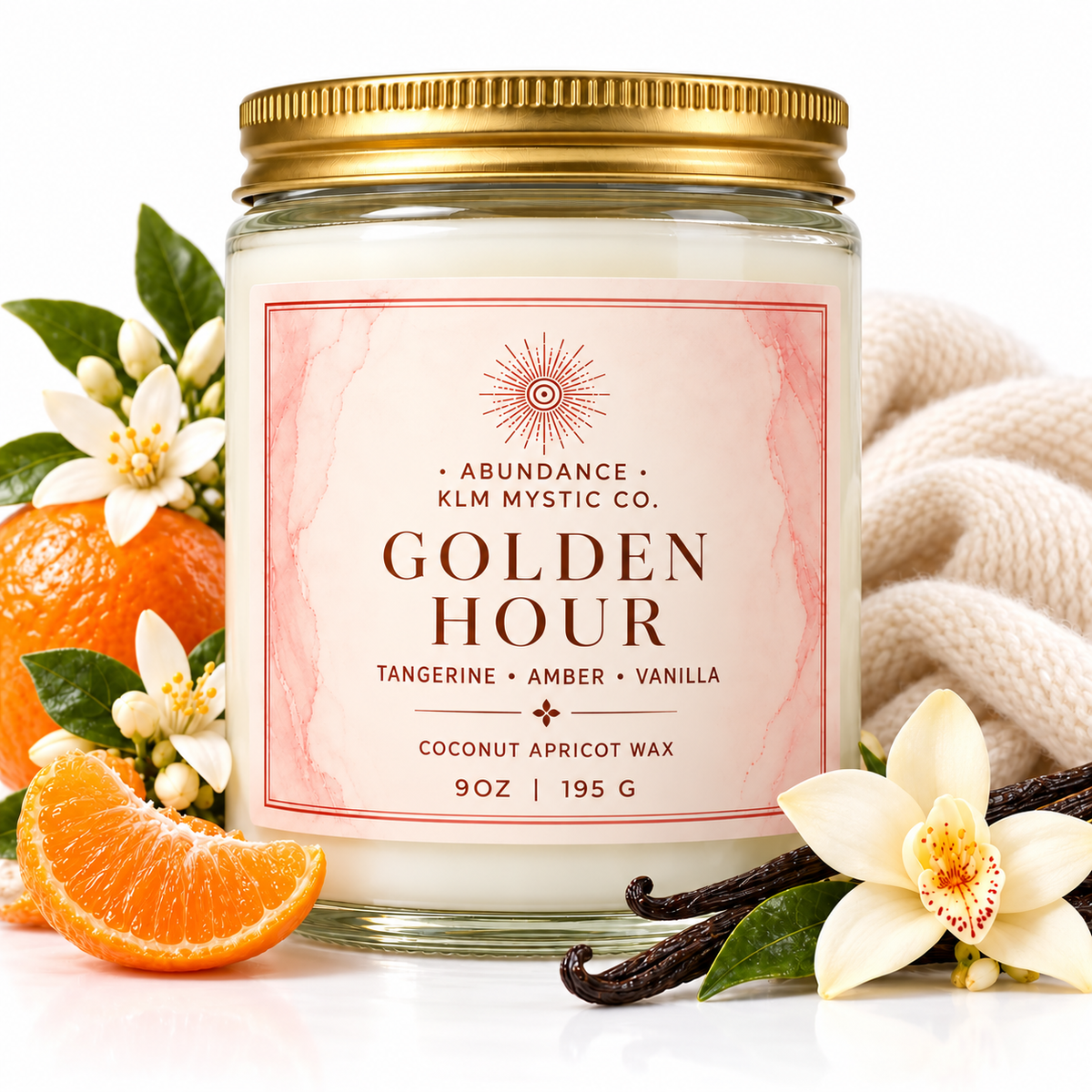 KLM Mystic Co. ABUNDANCE Golden Hour candle with tangerine, vanilla and blossoms on white