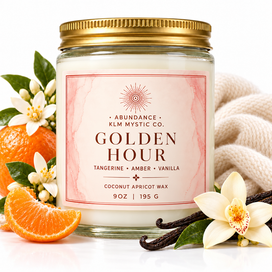KLM Mystic Co. ABUNDANCE Golden Hour candle with tangerine, vanilla and blossoms on white
