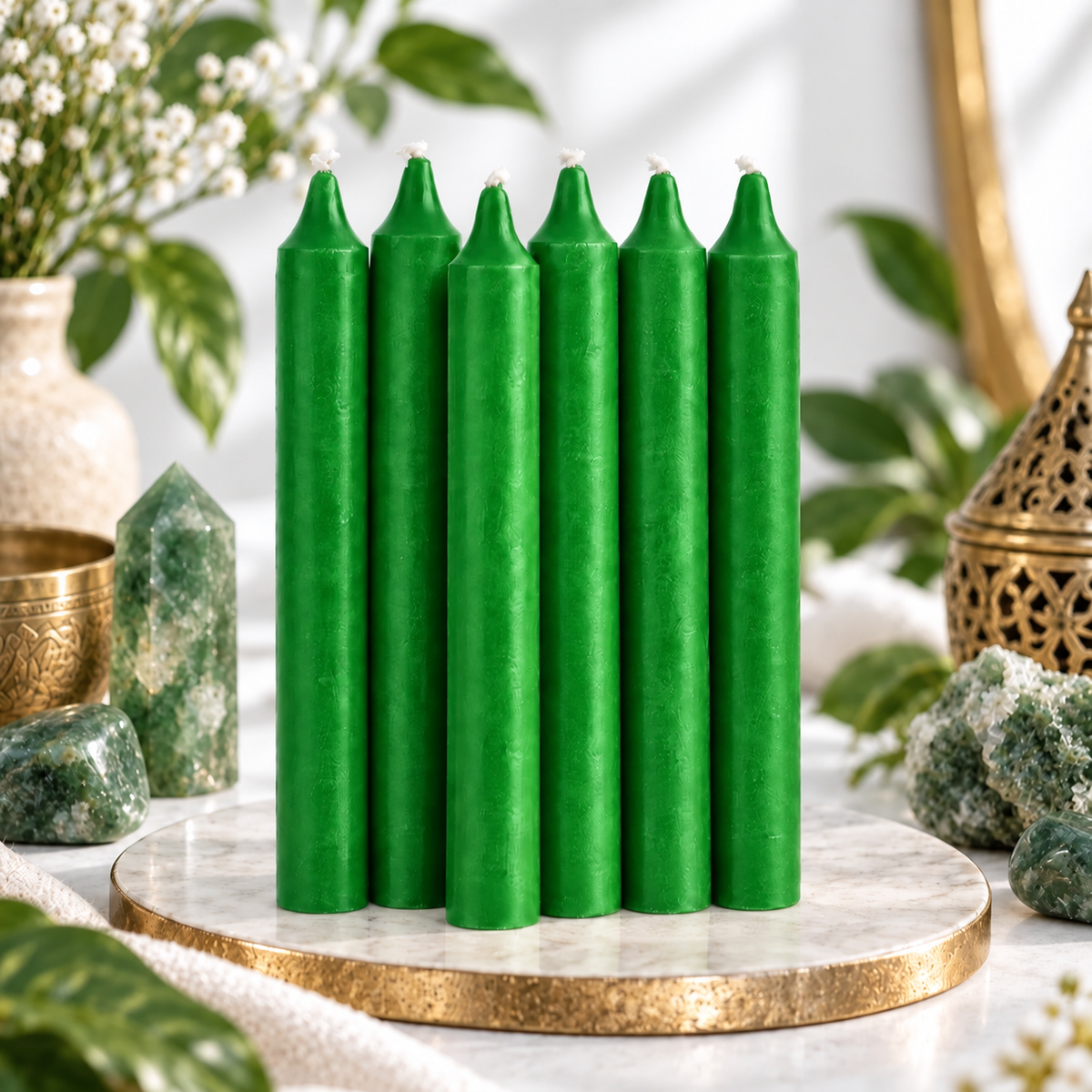 Set of six green 6-inch intention candles with greenery and green crystals on a bright white background