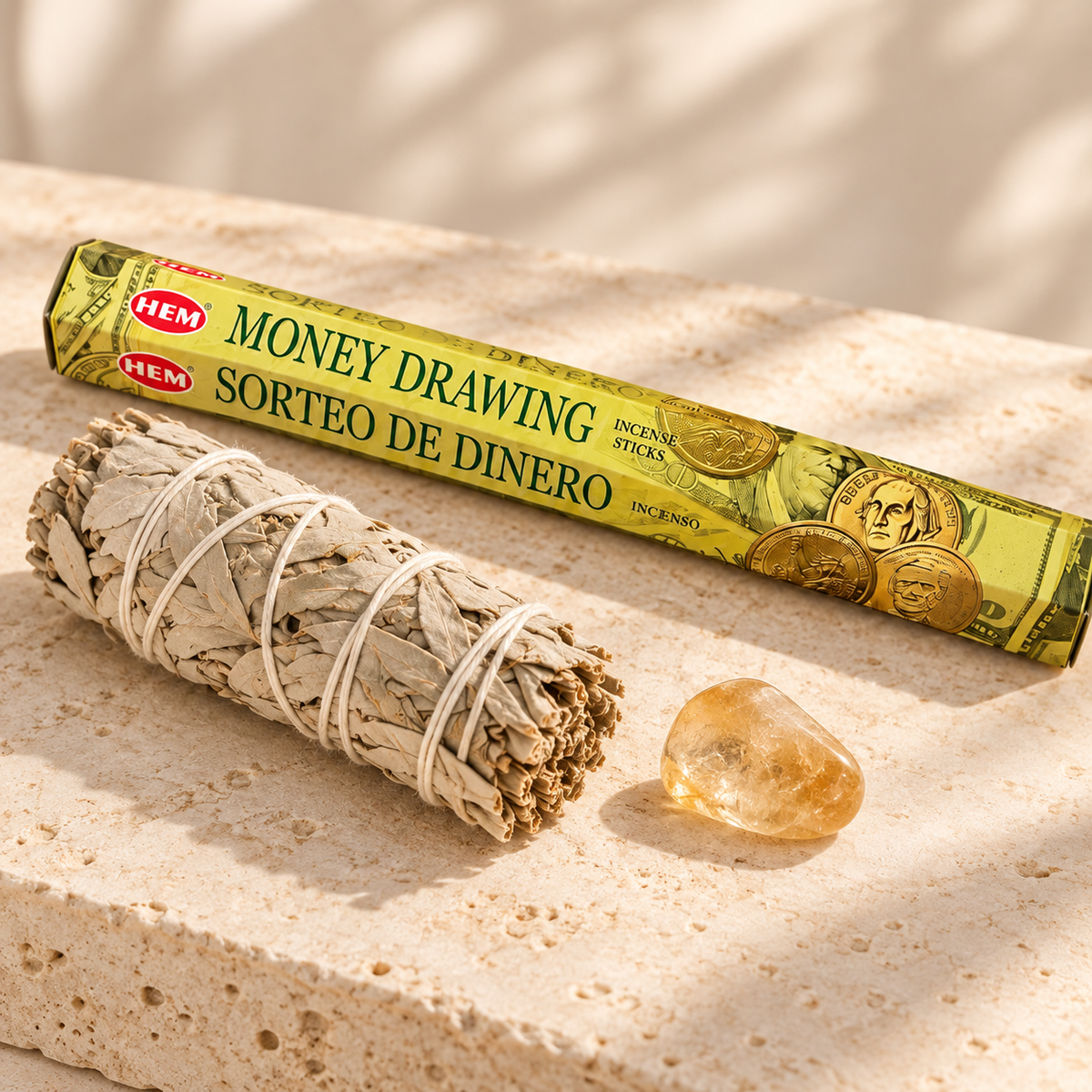 Abundance & Success Mini Intention Set with 4-inch white sage, small citrine tumbled stone, and HEM Money Drawing incense sticks 20-pack