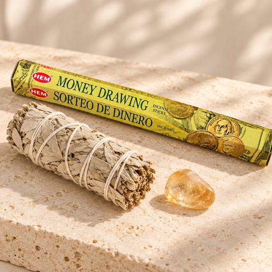 Abundance & Success Mini Intention Set with 4-inch white sage, small citrine tumbled stone, and HEM Money Drawing incense sticks 20-pack