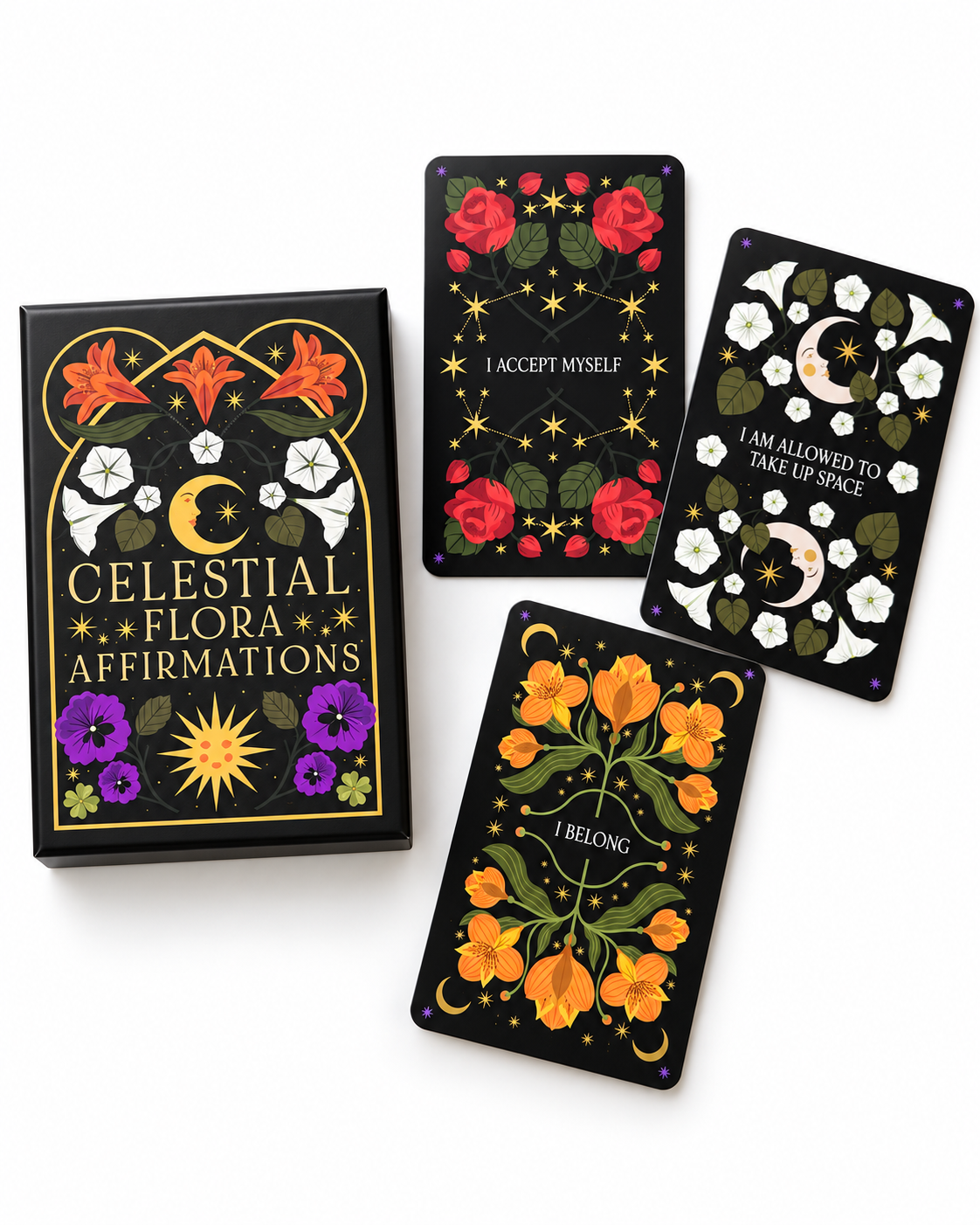 Celestial Flora Affirmations by Viki Lester with I Accept Myself, I Am Allowed to Take Up Space, and I Belong cards on white background