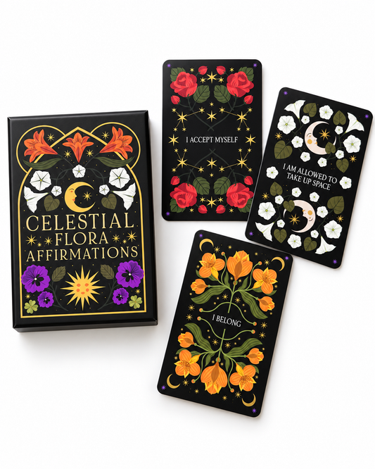 Celestial Flora Affirmations by Viki Lester with I Accept Myself, I Am Allowed to Take Up Space, and I Belong cards on white background