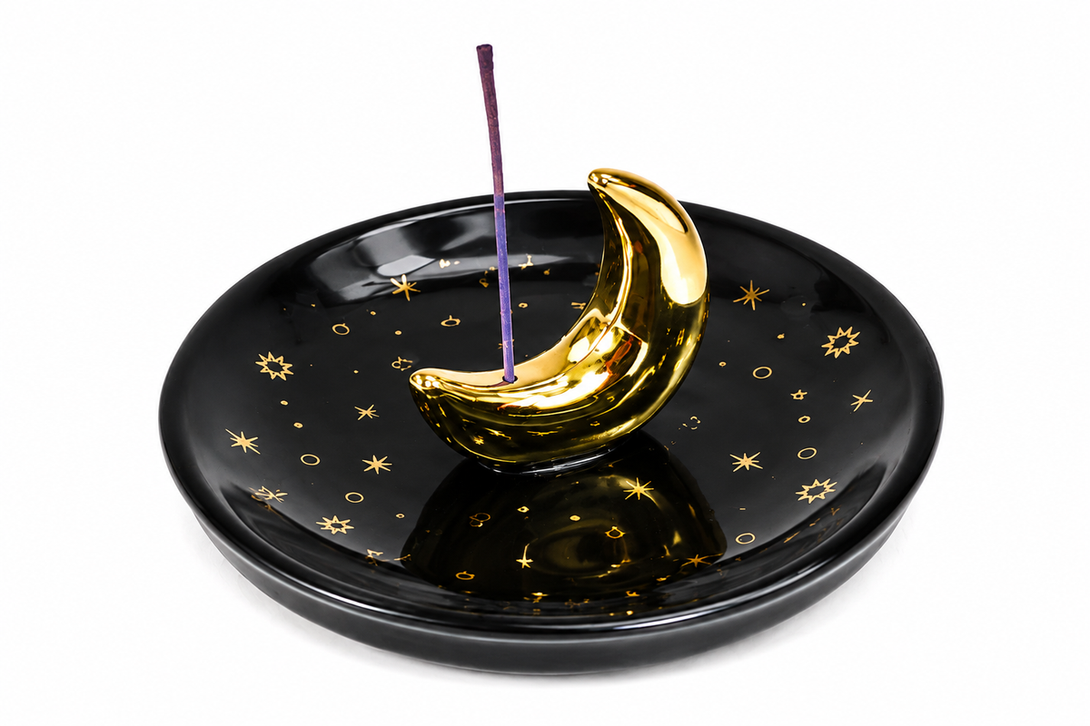 5 inch Crescent Moon Incense Burner in black and gold