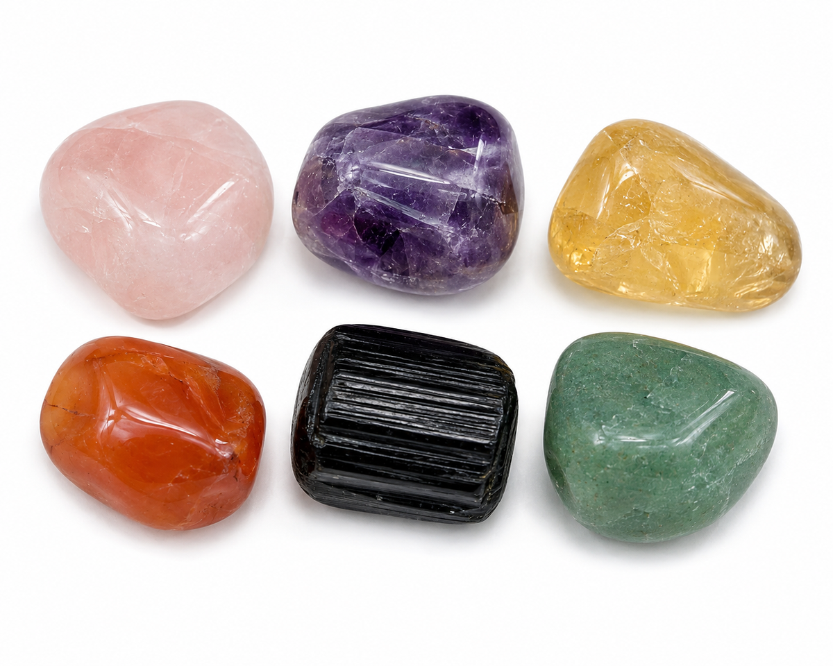 KLM Essential Intention Stone Set – Tumbled with Rose Quartz, Amethyst, Citrine, Carnelian, Black Tourmaline, and Green Aventurine