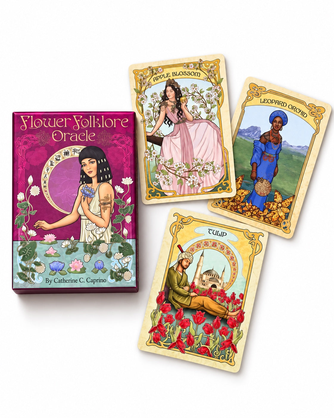 Flower Folklore Oracle by Catherine C. Caprino box and Apple Blossom, Leopard Orchid, and Tulip cards on white background