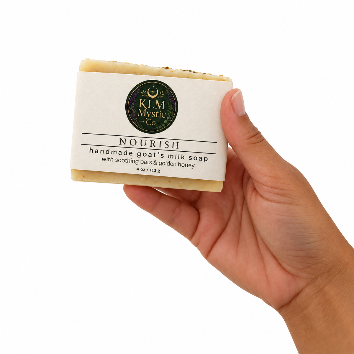 NOURISH soap held in the owner’s hand