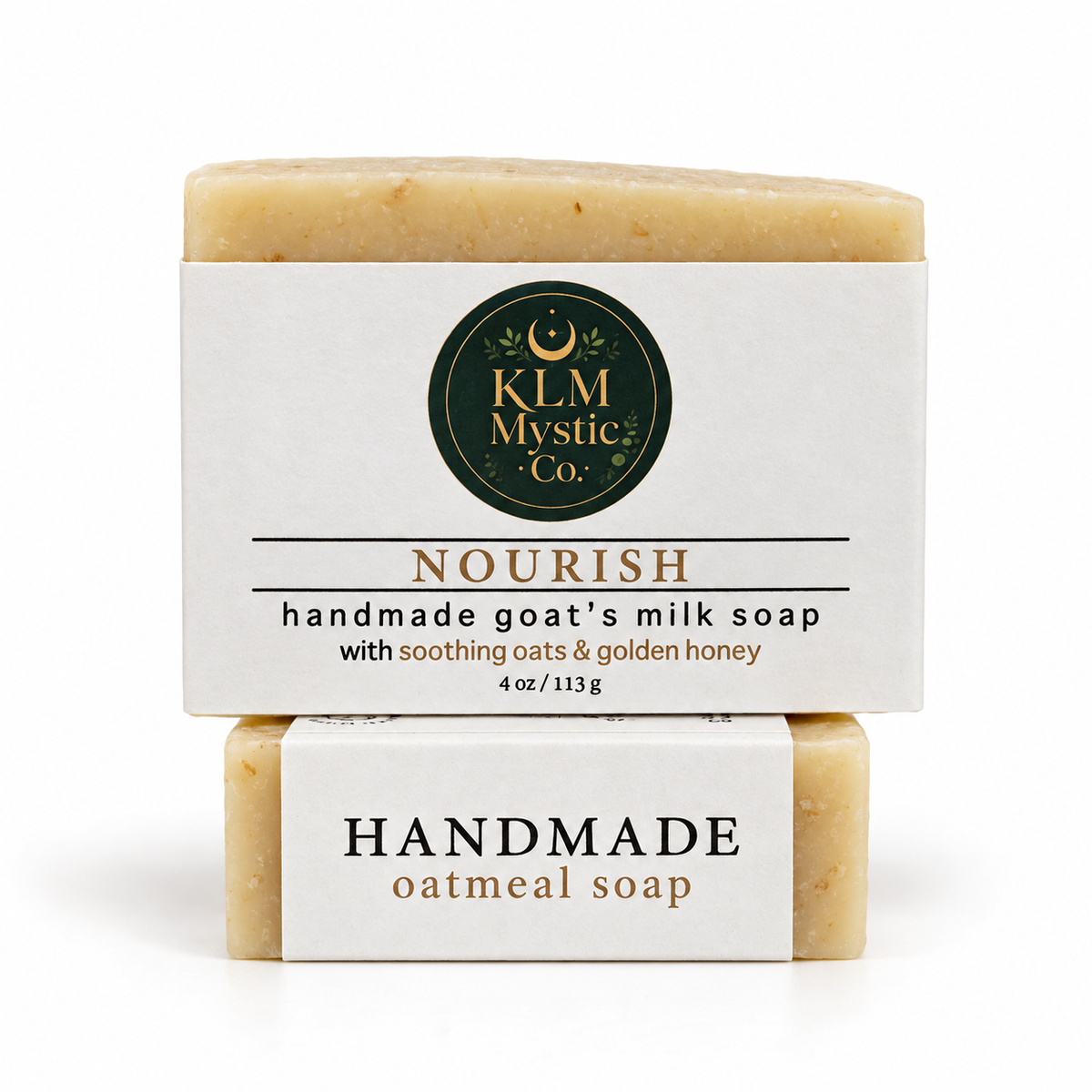 NOURISH goat’s milk soap bars stacked to show front and side label details