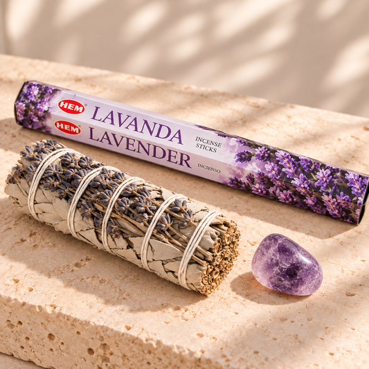 Peace & Calm Mini Intention Set with 5-inch white sage and lavender bundle, small amethyst tumbled stone, and HEM Lavender incense 20-pack
