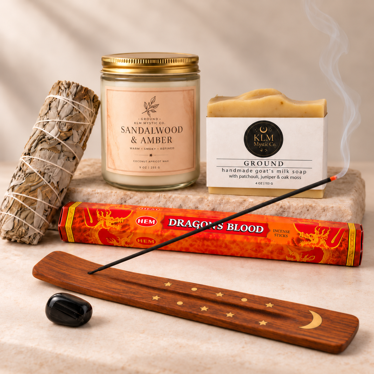 Protection and Grounding Complete Intention Set with candle, soap, sage, Dragon's Blood incense, black tourmaline, and correctly positioned incense holder