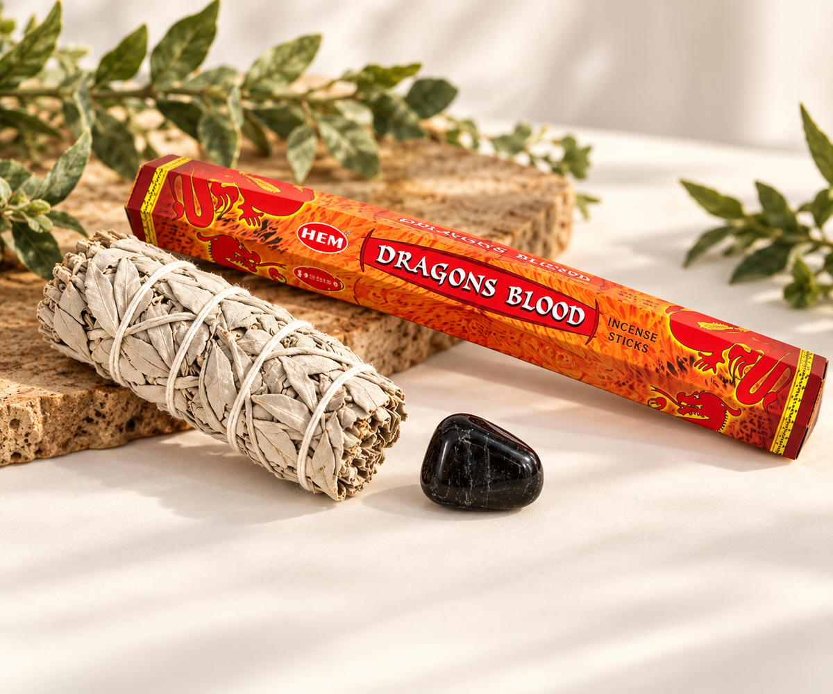 Protection & Grounding Mini Intention Set with 4-inch white sage bundle, small black tourmaline tumbled stone, and HEM Dragon's Blood incense 20-pack