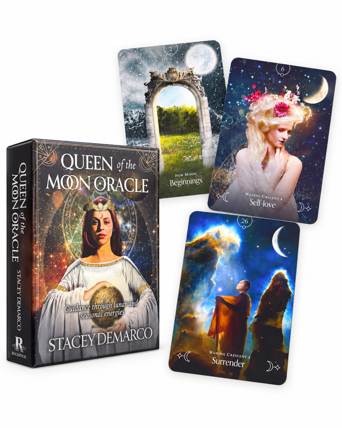 Queen of the Moon Oracle by Stacey Demarco box with Beginnings, Self-love and Surrender cards on white background