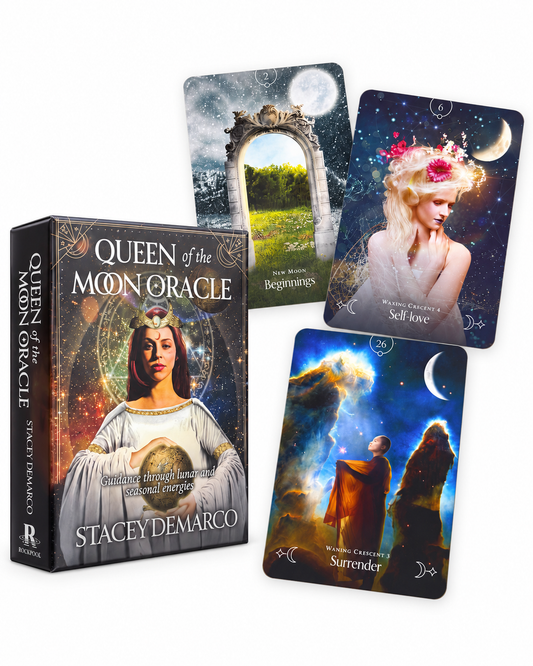 Queen of the Moon Oracle by Stacey Demarco box with Beginnings, Self-love and Surrender cards on white background
