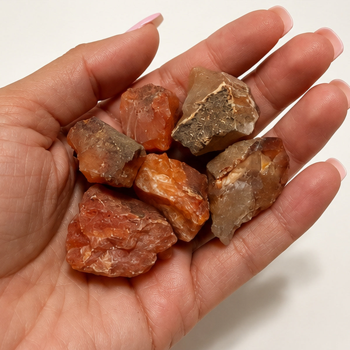 Hand holding raw Carnelian crystals, showing natural size and color variations